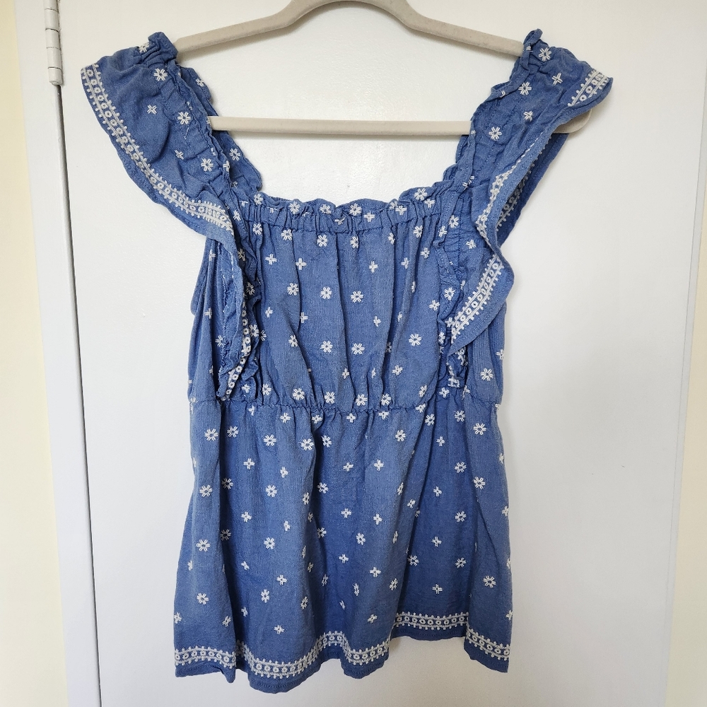 Old Navy Blue and White Embroidered Blouse